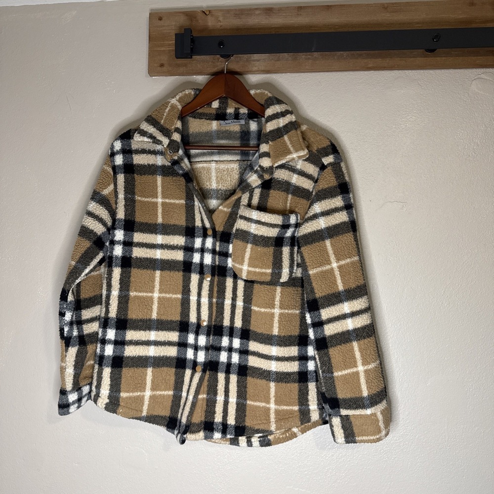 Jason Maxwell Sherpa Shacket Women Medium Tan Plaid Excellent Snap Button Fleece